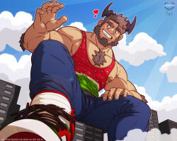  1boy bara beard body_fur chest_tuft cityscape denim dragon_horns facial_hair foot_out_of_frame from_below full_beard giant giant_male heart horns human_juggernaut jeans juggernaut_(juggermelon) large_pectorals leomon32 looking_at_viewer male_focus mature_male muscular muscular_male nipple_slip nipples original pants pectoral_cleavage pectorals red_tank_top short_hair sidepec solo tank_top thick_eyebrows 