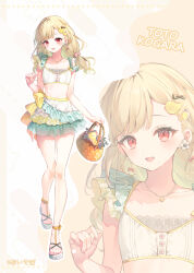  artist_name bag bird_hair_ornament blonde_hair bow bow_skirt character_name copyright_notice earrings female floating_hair hair_ornament hairbow holding holding_bag jewelry kogara_toto long_hair looking_at_viewer midriff multicolored_clothes multicolored_skirt navel parted_lips red_eyes riichu sandals shirt skirt smile solo standing virtual_youtuber vspo! white_footwear white_shirt yellow_bow 