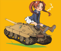  ^^^ black_socks blush boots brown_eyes brown_hair caterpillar_tracks commentary duplicate emblem female girls_und_panzer hair_ribbon jacket jagdpanzer_38(t) kadotani_anzu long_hair long_sleeves military military_uniform military_vehicle miniskirt motor_vehicle on_vehicle ooarai_military_uniform open_mouth orange_background pleated_skirt ribbon sabaku_chitai sitting skirt socks solo sweatdrop tank tank_destroyer turretless_tank turtle twintails uniform white_skirt 