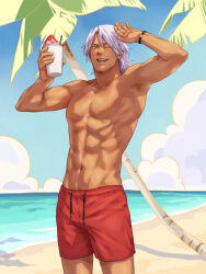  1boy abs beach bishounen blue_eyes dante_(devil_may_cry) dark-skinned_male dark_skin devil_may_cry_(series) devil_may_cry_1 hagane_400ppm highres holding looking_at_viewer male_swimwear mature_male muscular muscular_male one_eye_closed outdoors palm_tree smile solo swim_trunks tan topless_male tree white_hair 