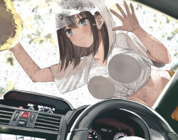  against_glass black_hair blue_eyes breasts car_interior female foam kureha_(ironika) large_breasts medium_hair midriff navel original pants pov see-through shirt smile solo sponge steering_wheel tied_shirt wet white_shirt wiping yellow_pants 