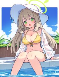  :d arms_at_sides bare_legs bare_shoulders bikini blonde_hair blue_archive blue_sky blush border breasts cleavage cloud cloudy_sky commentary day dot_nose female green_eyes halo hands_on_ground happy hat jacket large_breasts long_hair long_sleeves navel nonomi_(blue_archive) onyhakase outdoors outside_border pool poolside see-through see-through_jacket side-tie_bikini_bottom sitting sky smile solo straight_hair swimsuit water white_border white_hat white_jacket yellow_bikini 