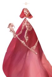  1other absurdres bone floating highres holding holding_bone hooded_robe lich original patrick_ganas red_robe robe skeleton skull teeth two-sided_fabric white_robe 