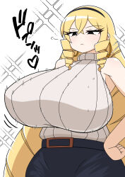  :&lt; belt berun_(zakeruga1zakeru) black_eyes black_hairband black_skirt blonde_hair blush bouncing_breasts breasts closed_mouth drill_hair drill_sidelocks earrings female hairband hands_on_own_hips highres hoop_earrings huge_breasts jewelry kaneda_maria long_hair mount_celeb_kaneda-san pencil_skirt sidelocks simple_background skirt sleeveless sleeveless_sweater solo sparkling_aura standing sweater turtleneck turtleneck_sweater twin_drills very_long_hair white_background 