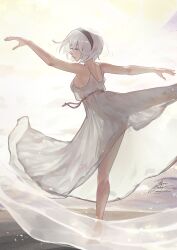  2b_(nier:automata) alternate_costume arabesque_(pose) ballet dancing dress fadingz female hairband highres nier:automata nier_(series) see-through see-through_dress short_hair solo white_dress white_hair 