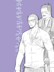  2boys artist_request bara beard_stubble blush_stickers buzz_cut cowboy_shot facial_hair golden_kamuy grabbing_from_behind greyscale_with_colored_background groping large_pectorals long_sideburns male_focus mature_male moustache multiple_boys muscular muscular_male nipples pectoral_cleavage pectoral_grab pectorals pencil_mustache short_hair sideburns sparse_chest_hair standing stubble sweatdrop tanigaki_genjirou thick_chest_hair thick_eyebrows translation_request ushiyama_tatsuma very_short_hair yaoi 