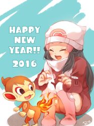  2016 black_hair chimchar closed_eyes coat dawn_(pokemon) female fire happy happy_new_year long_hair long_sleeves pink_footwear pokemon pokemon_(creature) pokemon_dppt pokemon_platinum red_coat rigu_(what_will_be_will_be!) scarf shadow signature squatting white_scarf 