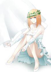  absurdres ass blue_eyes breasts cleavage clenched_teeth collarbone detached_sleeves double_v dress female full_body go-toubun_no_hanayome head_wreath highres jisuta looking_at_viewer medium_hair nakano_yotsuba orange_hair shoes sitting smile solo teeth thighs v wedding_dress white_dress white_footwear white_sleeves 