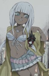  absurdres bead_bracelet beads bikini bikini_skirt blunt_bangs bracelet breasts brown_background candle collarbone danganronpa_(series) danganronpa_v3:_killing_harmony doll female frilled_bikini frills grey_eyes grey_hair grey_skirt grin highres holding holding_doll jacket jewelry long_hair long_sleeves low_twintails navel_piercing necklace open_clothes open_jacket part7_(1217ri_ri) piercing shell shell_necklace skirt small_breasts smile solo swimsuit teeth twintails wide_sleeves yonaga_angie yumeno_himiko 