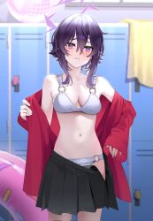  bikini black_skirt blue_archive breasts collarbone cowboy_shot female hair_between_eyes halo haruka_(blue_archive) highres indoors innertube locker locker_room long_hair long_sleeves looking_at_viewer medium_breasts navel pleated_skirt purple_eyes purple_hair purple_halo red_shirt shirt skirt solo standing stomach suzu_(tonami0726) swim_ring swimsuit white_bikini 