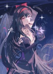  absurdres akemi_homura akuma_homura black_dress black_gloves black_hair bow breasts cleavage commentary cottoncandydrink dress elbow_gloves female gloves hair_ribbon hairbow highres long_hair mahou_shoujo_madoka_magica mahou_shoujo_madoka_magica:_hangyaku_no_monogatari parted_lips pink_eyes red_bow red_ribbon ribbon sky solo star_(sky) starry_sky 