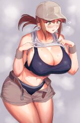  bare_shoulders belt black_bra black_panties blush bra breasts brown_belt brown_hair brown_hat brown_shorts cleavage clothes_lift collarbone commentary_request covered_nipples cowboy_shot female fio_germi flying_sweatdrops glasses grey_background hat highres huge_breasts leaning_forward lifting_own_clothes long_hair looking_down madsensei metal_slug oekaki open_belt open_fly panties panties_day parted_lips ponytail see-through shirt_lift short_shorts shorts sidelocks solo standing sweat tank_top underwear white_tank_top wristband 