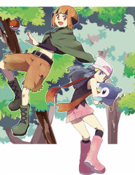  2girls :d bare_arms beanie belt black_socks blue_eyes blue_hair boots brown_hair brown_shorts cloak closed_mouth commentary_request crop_top cropped_shirt cross-laced_footwear dawn_(pokemon) duplicate full_body gardenia_(pokemon) green_footwear hat headband knee_boots kneehighs lace-up_boots letterboxed long_hair long_sleeves looking_at_viewer midriff mizuki_(31ten) multiple_girls navel open_mouth outside_border pink_footwear pink_skirt piplup poke_ball poke_ball_(basic) pokemon pokemon_(creature) pokemon_dppt red_eyes red_scarf scarf shorts skirt sleeveless smile socks standing tree white_hat 