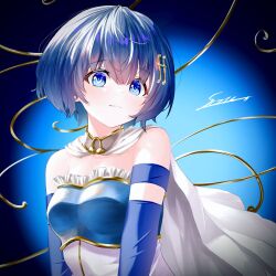  armor bare_shoulders blue_background blue_eyes blue_hair breastplate cape detached_sleeves female fortissimo gradient_background hair_ornament highres leciei looking_at_viewer magical_girl mahou_shoujo_madoka_magica mahou_shoujo_madoka_magica_(anime) miki_sayaka miki_sayaka_(magical_girl) musical_note musical_note_hair_ornament short_hair signature solo upper_body white_cape 