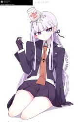  black_gloves black_jacket black_skirt braid breasts closed_mouth collared_shirt cup_ramen danganronpa:_trigger_happy_havoc danganronpa_(series) female food food_on_head gloves grey_hair highres igal_igaru jacket kirigiri_kyoko long_hair medium_breasts miniskirt necktie object_on_head open_clothes open_jacket orange_necktie pink_eyes pleated_skirt shirt side_braid single_braid sitting skirt solo translation_request 