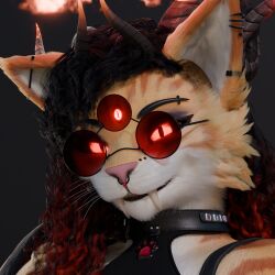  3_eyes black_hair collar demon domestic_cat ear_piercing eyebrow_piercing eyewear facial_piercing fangs felid feline felis gradient_hair hair horn looking_at_viewer mammal multi_eye nose_piercing piercing portrait pupils red_eyes red_hair rinny rinny_(character) slit_pupils sunglasses tabby_cat teeth 