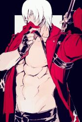  1boy belt_bra bishounen blue_eyes coat dante_(devil_may_cry) devil_may_cry_(series) devil_may_cry_3 fingerless_gloves from_side gloves holding minoxis muscular muscular_male open_clothes open_coat profile rebellion_(sword) red_coat solo sword toned toned_male topless_male weapon white_hair 