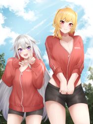  2girls absurdres bike_shorts black_shorts blonde_hair breasts cleavage closed_mouth cloud collarbone cosplay costume_switch highres hololive hololive_english hololive_indonesia jacket jewel_under_eye kaela_kovalskia koseki_bijou long_hair multiple_girls oversized_clothes popcornflakes red_eyes red_jacket short_hair shorts sky smile teeth track_jacket undersized_clothes upper_teeth_only v virtual_youtuber 