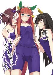  3girls absurdres animal_ears aqua_eyes blunt_bangs breasts calstone_light_o_(umamusume) ear_covers highres horse_ears long_hair multiple_girls negahami one-piece_swimsuit orange_hair purple_eyes school_swimsuit silence_suzuka_(umamusume) skinny smile special_week_(umamusume) striped_hair swimsuit umamusume yellow_eyes 