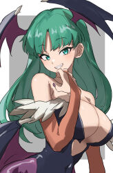  absurdres bare_shoulders bat_wings breasts cleavage clenched_teeth commentary_request demon_girl demon_wings female gazacy_(dai) green_eyes green_hair head_wings highres large_breasts long_hair looking_at_viewer low_wings morrigan_aensland solo teeth vampire_(game) wings 