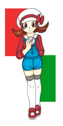  5_fingers blush bow_ribbon brown_hair clothed clothing female fingers footwear front_view green_background hair hat headgear headwear human ivanks knee_highs legwear looking_down lyra_(pokemon) mammal medium_hair nintendo overalls pokeball pokemon pupils red_background red_eyes red_ribbon shoes simple_background smile solo standing white_background white_body white_skin 