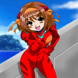  bodysuit breasts brown_eyes brown_hair cosplay female kou-oboro looking_at_viewer medium_breasts neon_genesis_evangelion open_mouth orange_ribbon plugsuit ribbon short_hair smile solo souryuu_asuka_langley suzumiya_haruhi suzumiya_haruhi_no_yuuutsu 