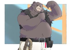  2024 anthro bear belly belt ben_bigger black_clothing black_shirt black_topwear blurred_background bodily_fluids bottomwear brown_body brown_fur clothing eye_scar facial_scar fur hand_under_shirt hi_res inunoshippo kemono male mammal mihoyo overweight overweight_male pants ragged_clothing scar shirt solo sweat topwear white_bottomwear white_clothing white_pants zenless_zone_zero 