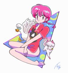  3others 4ptxq animal barefoot bird braid breasts cleavage duck feline female looking_at_viewer memphis_design mousse_(duck)_(ranma_1/2) multiple_others no_pants p-chan pink_hair ranma-chan ranma_1/2 shampoo_(cat) side_slit signature sitting soles toes white_cat yokozuwari 