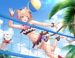  animal_ears ball bare_legs bare_shoulders barefoot beachball bikini black_bikini blue_eyes blue_sky bracelet braid brown_hair can_(honkai_impact) cat_ears cat_girl cat_tail cloud cloudy_sky feline female frilled_bikini frills green_eyes hair_between_eyes heterochromia highres honkai_(series) honkai_impact_3rd jewelry jumping lrh0123 navel open_mouth palm_tree pardofelis pardofelis_(midsummer_collector) pink_nails short_hair single_braid sky stomach sunlight swimsuit tail tree volleyball volleyball_net white_cat 