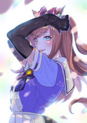  absurdres agnes_digital_(umamusume) animal_ears arms_up black_gloves blue_eyes blush bow commentary_request doushi_tatsu_to_dekkai_no elbow_gloves falling_petals female gloves hair_between_eyes hairbow highres horse_ears horse_girl horse_tail lipstick long_hair looking_at_viewer makeup parted_lips petals petticoat pink_hair pleated_skirt puffy_short_sleeves puffy_sleeves purple_bow purple_shirt red_bow school_uniform shirt short_sleeves simple_background skirt smile solo summer_uniform tail tail_through_clothes tracen_school_uniform umamusume white_background white_skirt 