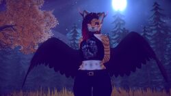  3_eyes 3d_(artwork) anthro black_wings clothing demon digital_media_(artwork) domestic_cat eyewear felid feline felis forest full_moon glasses hi_res horn mammal moon multi_eye plant red_eyes rinny rinny_(character) tabby_cat tree vr_chat wings 