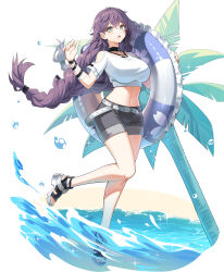  :o aeri_(closers) bare_legs belt black_choker braid breasts choker closers clothing_cutout crop_top feet female floating_hair green_eyes grey_shorts hand_up highres holding impossible_clothes impossible_shirt innertube large_breasts leg_up legs long_hair looking_at_viewer midriff mole mole_under_mouth navel non-web_source official_art open_mouth palm_tree purple_hair sandals shirt short_shorts short_sleeves shorts shoulder_cutout single_braid solo standing standing_on_one_leg stomach swim_ring thighs toenails toes tree very_long_hair water white_shirt wristband 