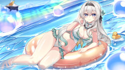  absurdres bare_arms bare_shoulders barefoot bikini black_hairband blush breasts bubble cleavage detached_collar female firefly_(honkai:_star_rail) foot_out_of_frame grey_hair hair_between_eyes hair_intakes hair_ornament hairband hand_in_own_hair highres honkai:_star_rail honkai_(series) long_hair looking_at_viewer medium_breasts mhmaomaoto navel neckerchief orange_neckerchief partially_submerged rubber_duck smile swim_ring swimsuit two-tone_bikini two-tone_eyes water wet 