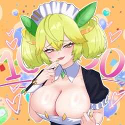  absurdres black_dress blush breasts cleavage clothes_pull detached_collar dress duel_monster female green_hair highres large_breasts looking_at_viewer maid maid_headdress milestone_celebration oldsickkim parlor_dragonmaid smug upper_body yellow_eyes yu-gi-oh! 