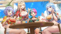  4girls blonde_hair blue_eyes blue_hair blue_sky bracelet breasts cleavage closed_eyes cup dolphin_wave food green_hair helly_lewis highres holding holding_cup holding_spoon ice_cream jewelry kirahoshi_kanna kukuri_tomo large_breasts light_smile long_hair midriff multicolored_hair multiple_girls nayuki_hiori necklace official_art on_chair ootomo_takuji open_clothes open_mouth open_shirt orange_eyes palm_tree purple_hair red_eyes shaved_ice short_hair short_sleeves shorts sky spoon table tree very_long_hair wavy_hair wooden_table 