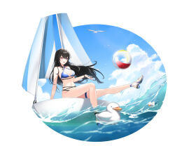  bai_winchester ball bare_arms bare_legs bare_shoulders beachball bikini bird black_bikini black_hair blue_bikini boat breasts closers criss-cross_halter duck feet female floating_hair halterneck heterochromia highres large_breasts legs long_hair looking_at_viewer multi-strapped_bikini_top navel non-web_source o-ring o-ring_bikini official_art open_mouth outstretched_leg pink_eyes purple_eyes sailboat sandals seagull sitting smile solo stomach string_bikini swimsuit thigh_strap thighs toes two-tone_bikini very_long_hair water watercraft wet wristband 