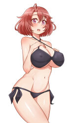  ahoge bare_shoulders bikini black_bikini blush breasts collarbone covered_navel covered_nipples cow_girl_(goblin_slayer!) cowboy_shot female goblin_slayer! hair_between_eyes hand_on_own_chest large_breasts navel red_eyes red_hair short_hair stomach swimsuit thighs white_background yon_senpai 