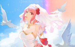  asu_0602 bird bridal_veil bride collared_halterneck commission dove dress female fire_emblem fire_emblem_engage fire_emblem_heroes flower gold_choker gold_trim hairband highres lapis_(fire_emblem) lapis_(mighty_bride)_(fire_emblem) looking_at_viewer official_alternate_costume pink_hair red_flower red_rose rose two-tone_hairband veil wedding_dress white_dress white_hairband yellow_hairband 