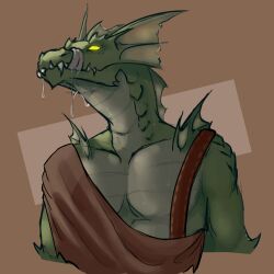  absurd_res animal_humanoid anthro bodily_fluids bust_portrait dragon dragon_humanoid dragongirl2302 ear_frill frill_(anatomy) green_body head_crest head_frill hi_res humanoid long_snout male membrane_(anatomy) mythological_creature mythological_scalie mythology portrait reptile saliva scalie scalie_humanoid snout solo tongue tongue_out yellow_eyes 