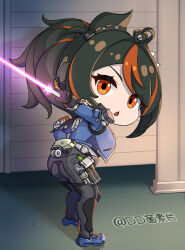  absurdres ahoge artist_name ass bent_over black_gloves black_hair black_pants blue_footwear blue_jacket breasts chibi chibi_only chinese_commentary commentary_request dd_che_shen earpiece energy_sword female full_body gloves hair_between_eyes high-waist_pants highres holding_lightsaber holster holstered jacket large_breasts lightsaber long_hair long_sleeves looking_at_viewer metal_hairband multicolored_hair open_mouth orange_eyes pants police police_uniform policewoman ponytail red_hair shadow shoes shoulder_holster sidelocks solo standing streaked_hair sword thigh_holster tight_clothes tight_pants two-tone_hair uniform weapon zenless_zone_zero zhu_yuan 