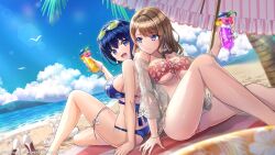  2girls bare_arms bare_legs bare_shoulders beach bikini blue_eyes blue_hair blue_sky bracelet breasts brown_hair cloud dolphin_wave drink eyewear_on_head highres holding holding_drink jewelry large_breasts leaning_on_person light_smile long_hair looking_at_another multiple_girls official_art ootomo_takuji open_mouth palm_tree short_hair sideboob sky suminoe_shion sunglasses swimsuit tojou_michiru tree umbrella underboob 