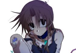  absurdres bandaid bandaid_on_cheek bandaid_on_face bare_shoulders blue_collar blurry blurry_foreground brown_hair bruise bruise_on_knee bruise_on_shoulder closed_mouth collar collarbone ed-chan_(edkuroki) edkuroki female gauze gauze_on_cheek gauze_on_chest gauze_on_knee hair_intakes hickey highres injury jewelry long_hair looking_up messy_hair necklace original pink_tail sidelocks signature simple_background solo white_background 