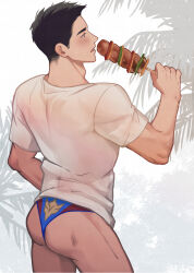  1boy ao_isami ass bara black_hair blush borrowed_clothes couple cowboy_shot facial_hair from_behind haruri_fbje highres holding holding_skewer male_focus male_swimwear official_alternate_costume palm_tree print_male_swimwear profile see-through shirt sideburns_stubble simple_background skewer solo stubble sweatdrop swim_briefs thick_eyebrows toned toned_male tree wet wet_clothes wet_shirt yuuki_bakuhatsu_bang_bravern 