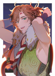  1boy :d armpits arms_up backlighting bishounen border curtained_hair ensemble_stars! green_eyes half_updo headband highres light_brown_hair looking_at_viewer male_focus mikejima_madara oerba_yun_fang outside_border pectorals sheesixp short_ponytail side_part sidepec sideways_glance sleeveless smile striped_headband subsurface_scattering teeth three_quarter_view tongue upper_body upper_teeth_only white_border 