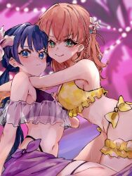  2girls :q alternate_costume aqua_eyes arms_around_neck bikini black_bikini blue_eyes blue_hair blurry blurry_background blush braid breasts closed_mouth commentary cowboy_shot crossed_bangs dark_blue_hair frilled_bikini frills hair_ornament highres hinoshita_kaho link!_like!_love_live! long_hair love_live! low_ponytail medium_breasts multiple_girls murano_sayaka navel off_shoulder oihlf orange_hair purple_sarong rabbit_hair_ornament sarong side_braid small_breasts stomach swimsuit tongue tongue_out two_side_up v-shaped_eyebrows virtual_youtuber yellow_bikini 