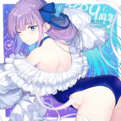  ass bare_shoulders blue_eyes blue_ribbon blush breasts choker coffeekite fate/grand_order fate_(series) female frills hair_ribbon highleg highleg_one-piece_swimsuit highres long_hair long_sleeves looking_at_viewer looking_back meltryllis_(fate) meltryllis_(swimsuit_lancer)_(fate) meltryllis_(swimsuit_lancer)_(second_ascension)_(fate) off-shoulder_one-piece_swimsuit off_shoulder one-piece_swimsuit one_eye_closed puffy_sleeves purple_hair ribbon sleeves_past_fingers sleeves_past_wrists small_breasts solo swimsuit very_long_hair white_ribbon 