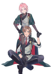  2boys :t adjusting_clothes adjusting_legwear behind_another belt bishounen black_belt black_footwear black_gloves black_thighhighs boots cropped_jacket double_face_(ensemble_stars!) ensemble_stars! foot_out_of_frame furrowed_brow gloves hair_between_eyes hand_on_another&#039;s_foot hand_up highres holding_hands indian_style invisible_floor jacket jacket_on_shoulders knee_boots lapel_chain lapel_pin light_blush light_smile male_focus mikejima_madara multiple_boys necktie no_shoes on_floor oukawa_kohaku pants parted_lips see-through see-through_thighhighs sheesixp short-sleeved_jacket short_sleeves shorts shorts_lift sideways_glance simple_background sitting standing standing_on_one_leg straight-on thigh_on_another&#039;s_shoulder thigh_peek thighhighs white_background yaoi 