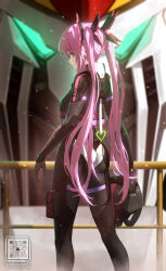  aogiri_koukou ass black_bodysuit blurry blurry_background bodysuit chiyoura_chiyomi guard_rail gundam gundam_hathaway&#039;s_flash hair_ornament helmet highres holding holding_helmet long_hair looking_at_viewer looking_back pilot_suit pink_eyes pink_hair pouch qr_code skin_tight thigh_pouch tom-neko_(zamudo_akiyuki) twintails unworn_headwear very_long_hair virtual_youtuber xi_gundam 