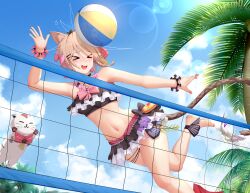  &gt;_&lt; animal_ears ball bare_legs bare_shoulders barefoot beachball bikini black_bikini blue_sky blush bracelet braid brown_hair can_(honkai_impact) cat_ears cat_girl cat_tail cloud cloudy_sky feline female frilled_bikini frills hair_between_eyes highres honkai_(series) honkai_impact_3rd jewelry jumping lrh0123 navel open_mouth palm_tree pardofelis pardofelis_(midsummer_collector) pink_nails short_hair single_braid sky stomach sunlight swimsuit tail tree volleyball volleyball_net white_cat 