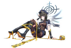  bai_winchester belt black_choker black_footwear black_gloves black_hair blue_jacket blue_shorts bodysuit boots breasts brown_bodysuit caution_tape chest_harness choker cleavage closers cropped_jacket female fingerless_gloves gloves harness hat heterochromia high_heel_boots high_heels highres jacket knee_boots knees_up long_sleeves looking_at_viewer medium_breasts micro_shorts non-web_source official_art open_clothes open_jacket parted_lips peaked_cap pink_eyes purple_eyes short_hair shorts sitting solo sweatdrop torn_bodysuit torn_clothes 